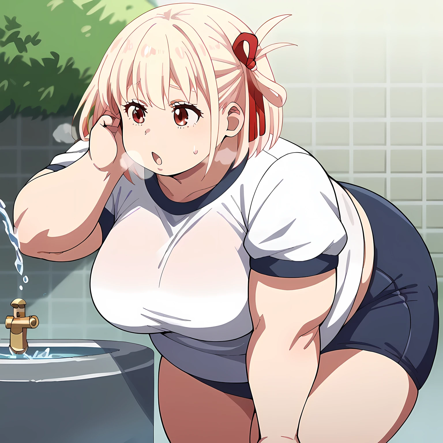 score_9, score_8_up, score_7_up, source_anime, chisatonishikigi, chisato nishikigi, short hair, bangs, blonde hair, red eyes, hair ribbon, one side up, bob cut, large breasts,, drinking fountain, faucet, drinking, fountain, water, water drop,, gym uniform, gym shirt, gym shorts, bent, leaning forward, tucking hair, adjusting hair, hand on own hair, hair behind ear,, cowboy shot, fat, chubby, obese, gigantic arms and legs, large breasts open mouth, out of breath