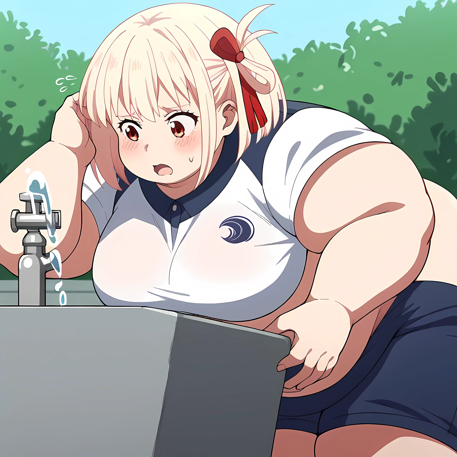 score_9, score_8_up, score_7_up, source_anime, chisatonishikigi, chisato nishikigi, short hair, bangs, blonde hair, red eyes, hair ribbon, one side up, bob cut, large breasts,, drinking fountain, faucet, drinking, fountain, water, water drop,, gym uniform, gym shirt, gym shorts, bent, leaning forward, tucking hair, adjusting hair, hand on own hair, hair behind ear,, cowboy shot, fbulging belly, fat, chubby, obese, open mouth, out of breath, absurdres, highres icon, rating:General, confused, blush, {flustered}, nervous sweating, portrait, pov hands, hand on another's belly, averting eyes, [looking away], straight-on, from below, swollen face, masterpiece, best quality, ultra-detailed, high resolution, 8K, 