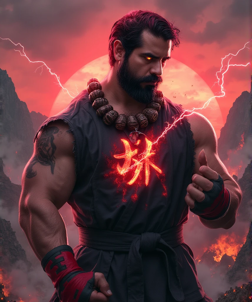  A hyperrealistic image of a man inspired by Akuma  (Gouki ) Street Fighter ,  captured on a medium plane that highlights his demonic strength and intimidating aura .  His face is fierce and marked ,  with an angular jaw ,  subtle scars and bright red eyes that burn intensely .  His dark red hair is short and pointed ,  with tufts that seem to vibrate under the influence of his evil energy .

 He wears his classic distressed black gi ,  with frayed edges ,  reflecting his life of extreme training and relentless battles . On his back,  the kanji of  "ten" (sky)  is engraved with brilliant energy ,  pressing in shades of crimson and gold . Around your neck,  wears a necklace of large, rustic beads that seem to have been carved from volcanic stone,  symbolizing his connection with Satsui no Hado .

 The background is a devastated battlefield ,  with fractured mountains and a red sky Crossed by Dark Lightning .  Akuma is in an aggressive pose ,  rays with one arm extended forward as he carries out an attack  " Shun Goku Satsu ,"  surrounded by a black and purple aura that distorts the air around him .  His muscles and GI are bathed in light from ,  with deep shadows that accentuate his fearsome appearance ,  capturing the essence of a warrior consumed by power and destruction .