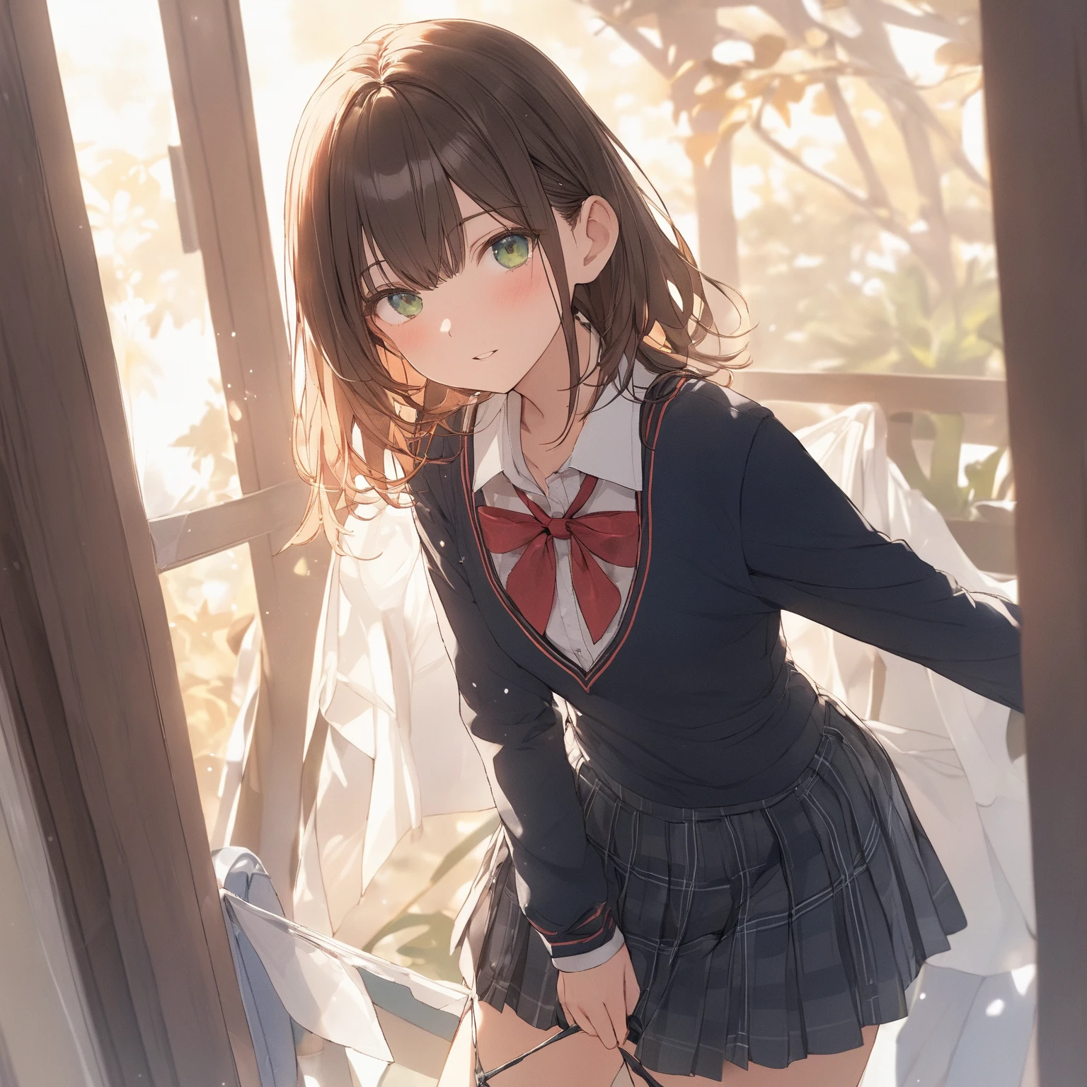 高いquality illustration, masterpiece,  very delicate and beautiful, Attractive  girl,big , slim waist,( school uniform),thin, slender body, slim,   beautiful eyes ,thin微笑み,,(masterpiece,  top quality:1.2), high res,  very detailed CG ユニティ 8k 壁紙,   perfect lighting  ,  colorful ,  super high resolution,4K, very detailed,   unvolume on , 8k, high resolution, ,  nsfw,  girl, , Take off,  pull down panties ,  skirt, Komazaki Rie 
, brown hair 
, green eyes