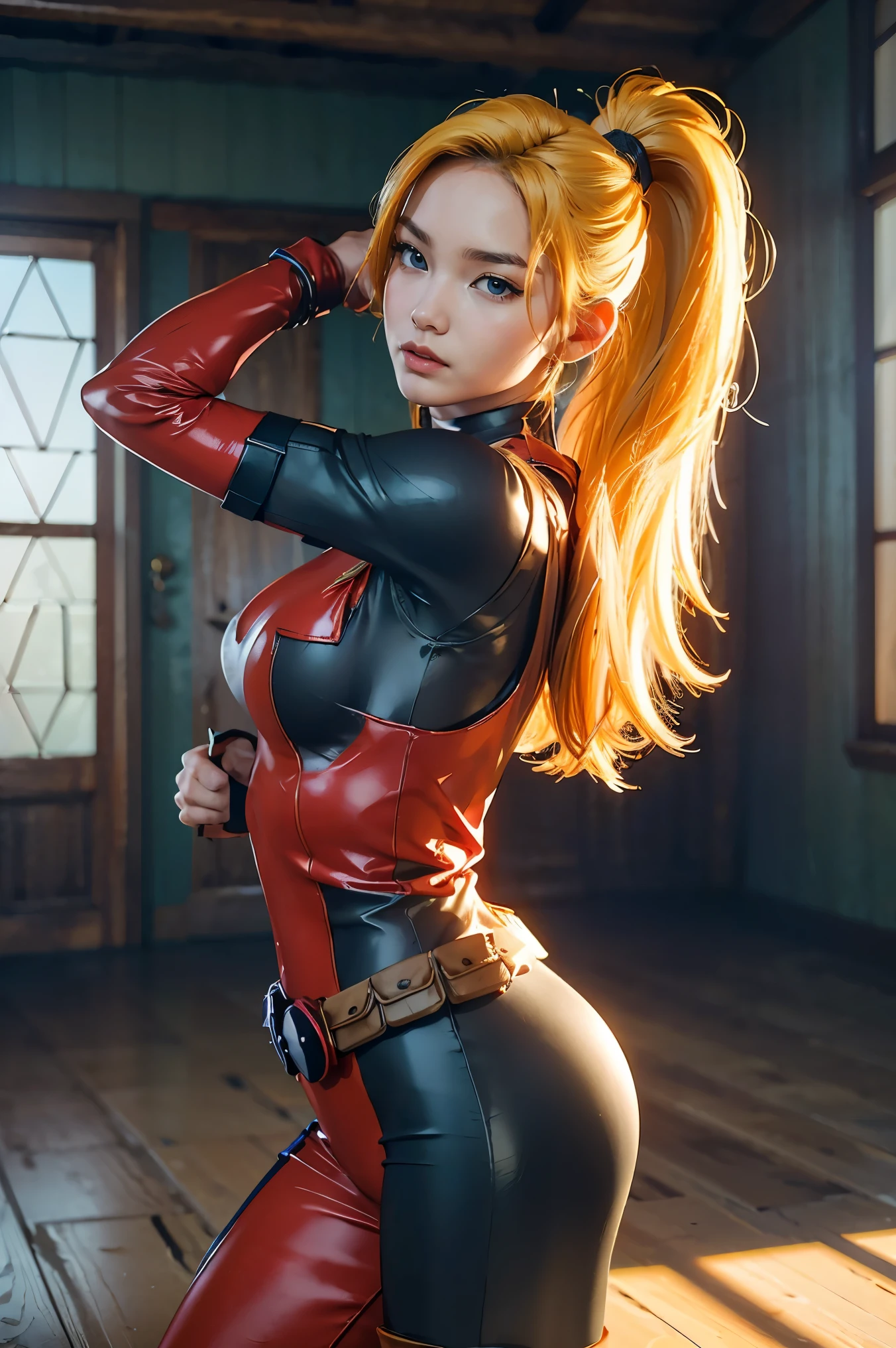 Adolescent, best quality, ultra detailed, redhead, yellow eyes, makima, electric saw man, anime, hair with braids, sexy corset, full body vision, big chest piercing.