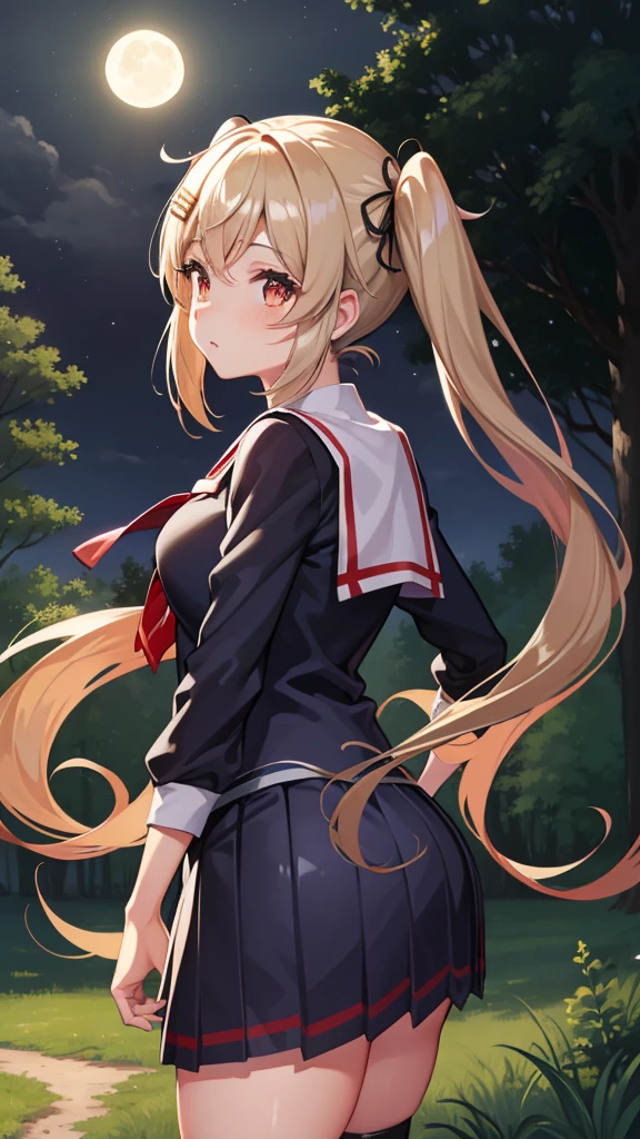 ,curvy,Shiny body, Shiny skin,twintail,school uniform, ,Shiny skin,,,twintail,hair clips,upper body,,forest,tree,,outdoor,night moon,planet dust