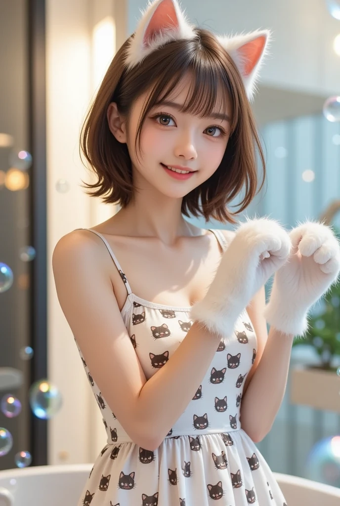  cute, personified female cat 、 I can see the whole body 、The cat is wearing a cat-patterned dress  、  The cat is posing with big fluffy gloves、In a bright room、 with lots of soap bubbles in the background 