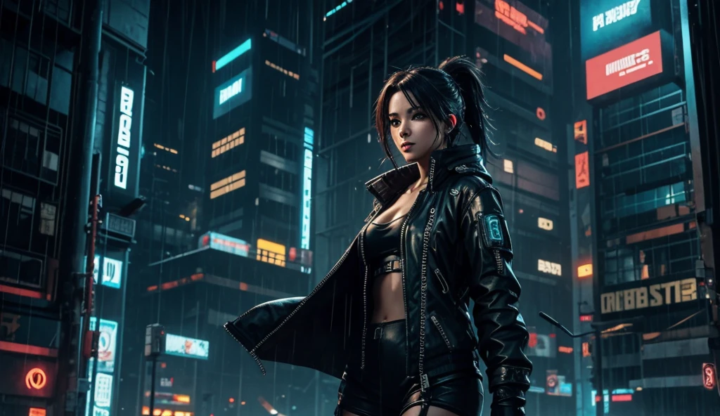 Sexy Cyberpunk girl in dystopian Cybeperunk city raining at night
