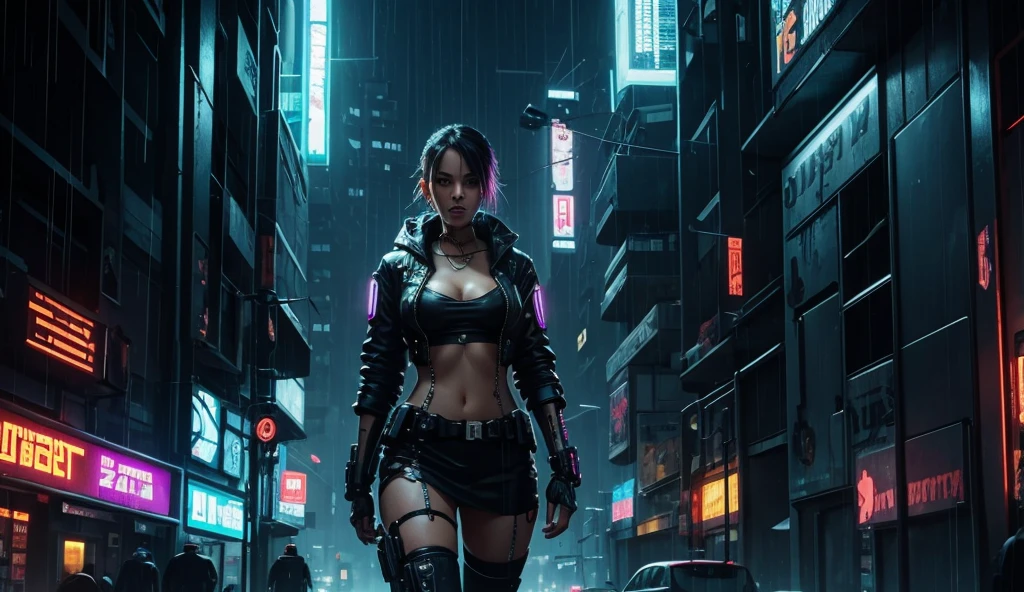 Sexy Cyberpunk girl in dystopian Cybeperunk city raining at night
