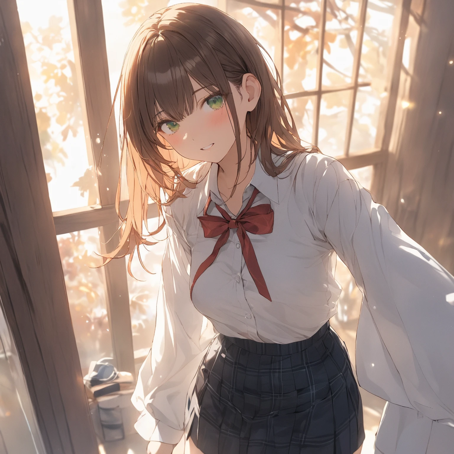 高いquality illustration, masterpiece,  Very Delicate and Beautiful, Attractive  girl,big , slim waist,( school uniform),thin, slender body, slim,   beautiful eyes ,thin微笑み,,(masterpiece,  top quality:1.2), high res,  very detailed CG ユニティ 8k 壁紙,   perfect lighting  ,  colorful ,  super high resolution,4K, very detailed,   unvolume on , 8k, high resolution, ,  nsfw,  girl, , Take off,  pull down panties ,  skirt,  brown hair , green eyes、Saggy Breasts 