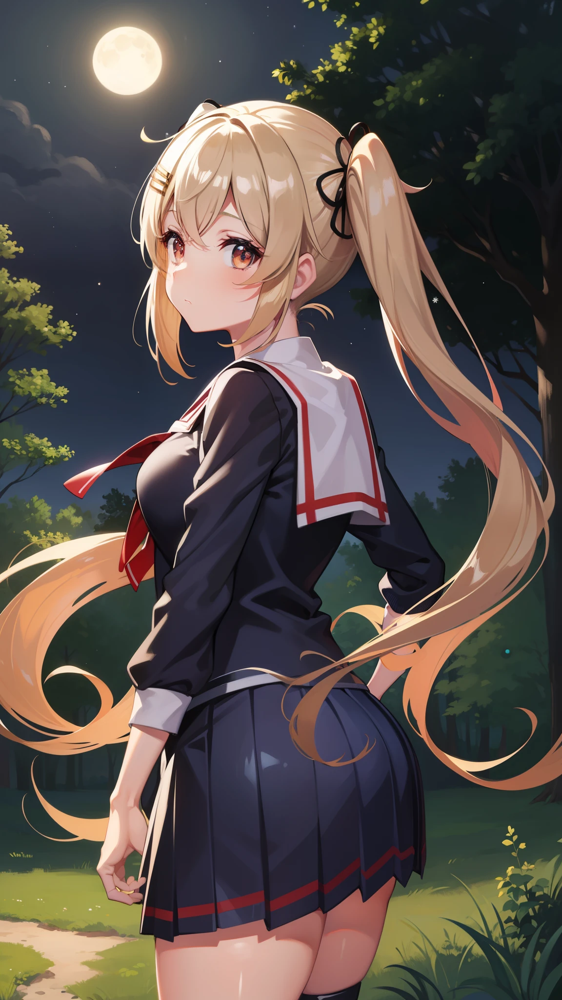 ,curvy,Shiny body, Shiny skin,twintail,school uniform, ,Shiny skin,,,twintail,hair clips,upper body,,forest,tree,,outdoor,night moon,planet dust