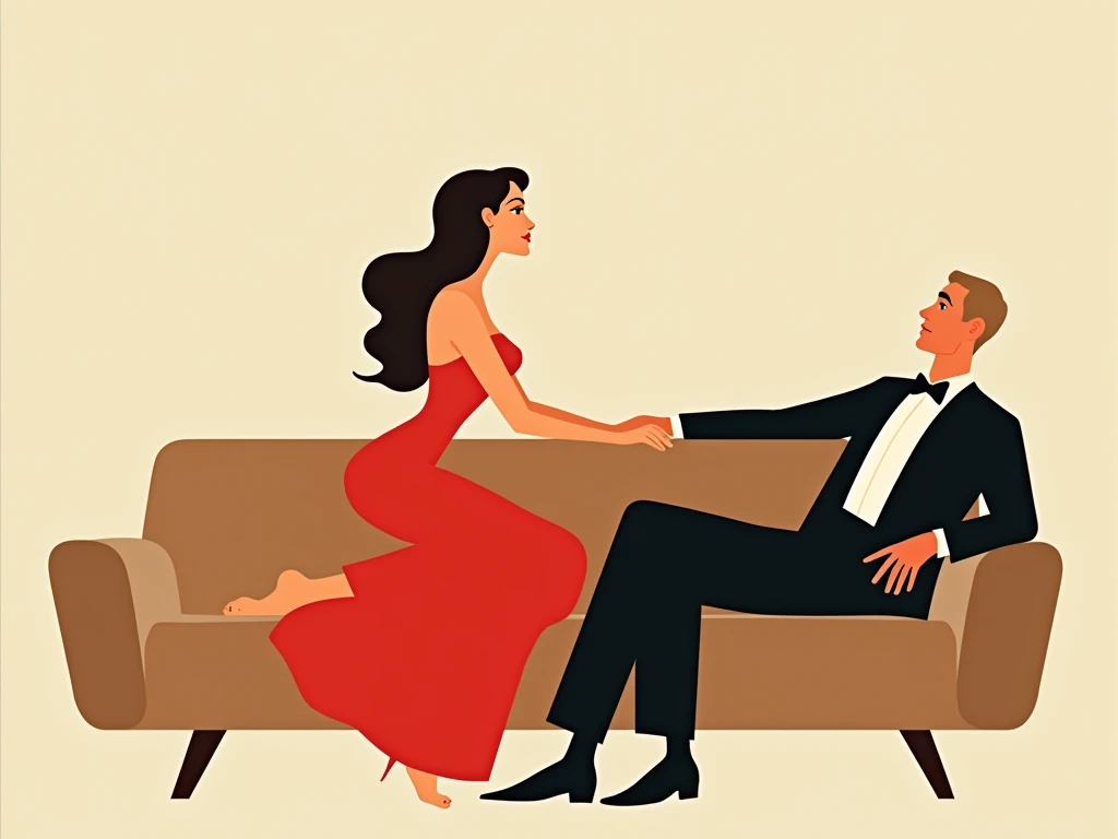 "Pop art style illustration of a woman in a red dress giving a massage to a man who is lying in bed. The woman has a focused and caring expression, gently touching the man's back and shoulders. The scene should convey relaxation and connection emotional, using a style that combines cartoon and caricature elements with vibrant and expressive colors. Ensure the background is simple, focusing on the bed and the couple, maintaining the representation of good taste and respectt