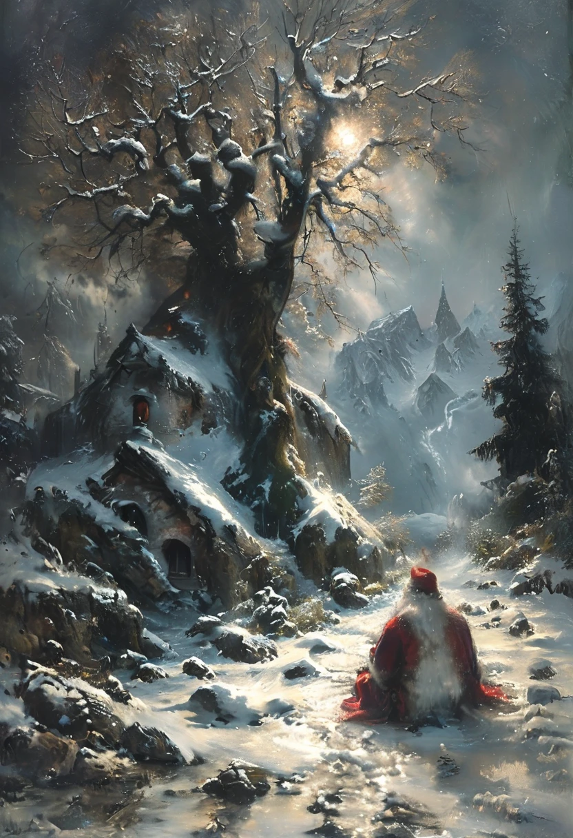  close-up , caricature,funny,   
 like Santa Claus next to the Snow Maiden, a very drunk man is sitting under a tree with a glass of champagne ,  Tim Burton style ,  high resolution,  high detail, humor, digital art, winter forest background , blizzard , blizzard