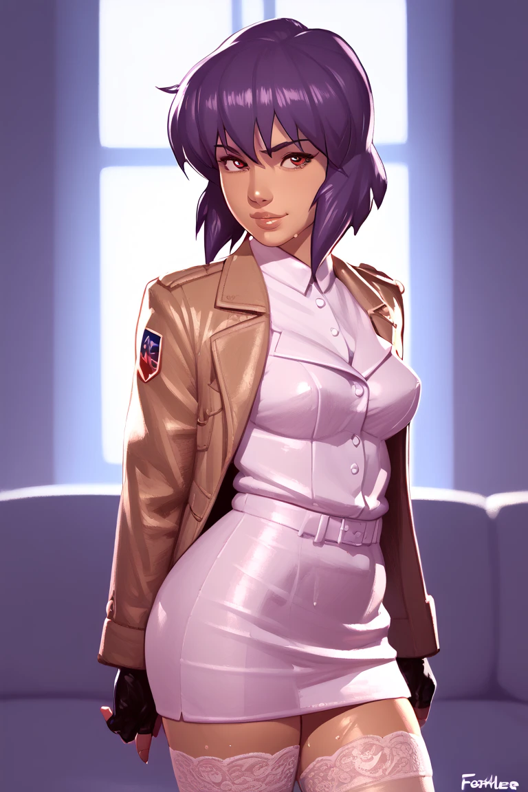 NSFW render of motoko kusanagi hentai scenes. motoko is alone in a dark and wet parking garage. she is wearing her tan military dress uniform. tan jacket, white undershirt, red dit, skirt, pantyhose. . author: (fossa666:1.5)r (taran fiddler:1.5),\ (pixel sketcher:1.4) masterpiece, detailed Bonifasko lighting, [crepuscular ray], best details, real life, depth of field, detailed background ; dim lighting, flashlight lighting, solo, . . ,female, (motoko kusanagi ), (\), ,, (motoko kusanagi:1.2), seductive walk, femme, genitals, , medium breasts, clear details, (, realistic sweaty skin textures, translucent body, you can see under her skin, , ,s, stand alone complex, various poses, ,, gloves, stockings, 1girl, one girl, 1girl, solo, 
