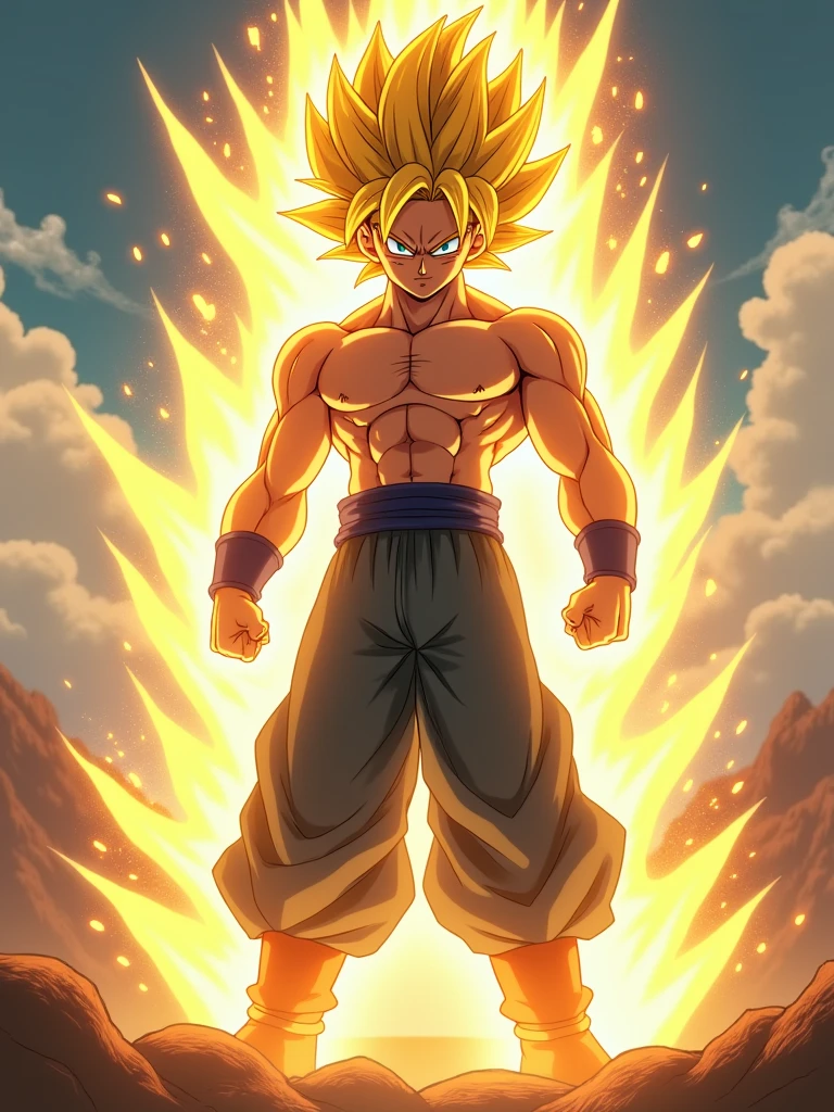 Son Goku, 1boy, battle damage, muscular, blue eyes, yellow hair, solo, super saiyan, torn clothes, looking straight, very detailed, HD, masterpiece, 8k, professional, symmetrical, detailed iris:0.5) (looking at camera:0.8) Toriyama Akira, in the style of Akira Toriyama, Dragon Ball Z, Phonk