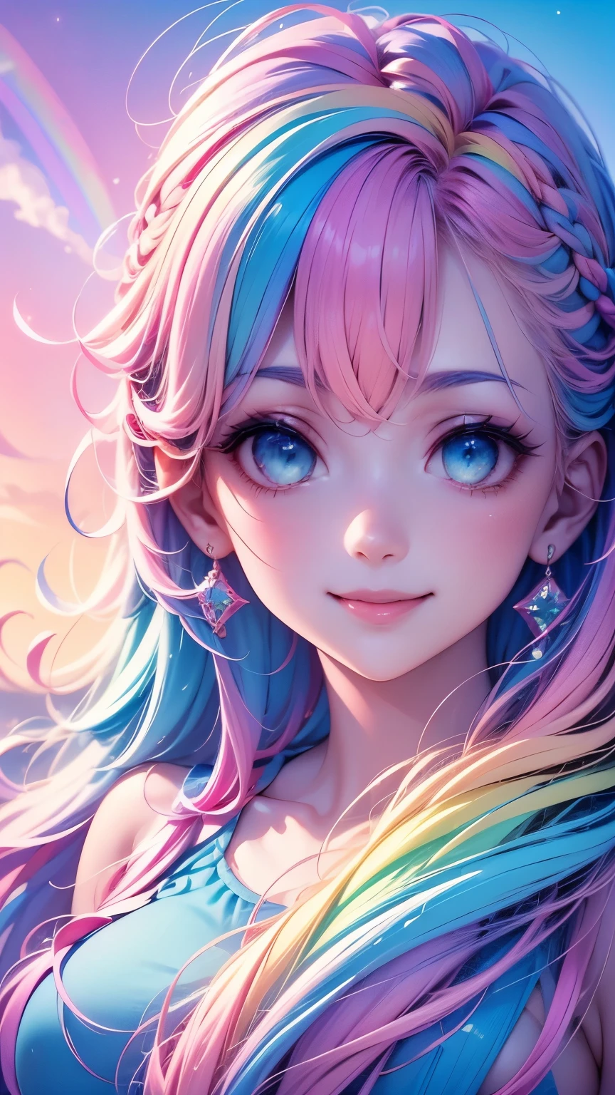 (masterpiece), ((( top quality)), ( super detailed),  1 girl, (Rainbow Hair,  colorful hair, Half Blue、Half pink hair: 1.2), , (yukina: 1.2),  outdoor, bangs, smile,  sky blue eyes ,   perfect hand,   perfect hand, Hand Detail, Modified fingers.  earrings, Night Store + background,  watching _in_ viewer,  cowboy shot, top quality, Rich details, Perfect image quality,