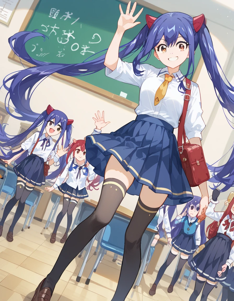 masterpiece, (highest quality, perfect anatomy), full body, ((dutch angle shot, wide shot)), in the classroom, BREAK

1girl, has a student bag, surrounded by many classmates, waving, at loocking viewer, smile, BREAK

wendy marvell, long hair, hair ornament, ribbon, hair between eyes, twintails, brown eyes, very long hair, blue hair, small breasts, 
winered jackt, white shirt, thighhighs, ribbon tie, pleated skirt, black thighhighs, black skirt, zettai ryouiki,