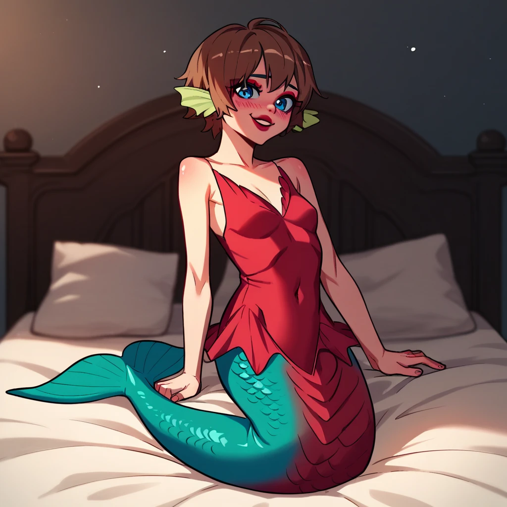 1boy, solo, alone, underwater bed, red lips, brown hair, short hair, spike hair, blue eyes, red eyeshadow, pink blush, pink lips, happy face, looking at viewer, small breasts, sit on bed, mermaid dress, red mermaid dress, bulge large penis under red mermaid dress,