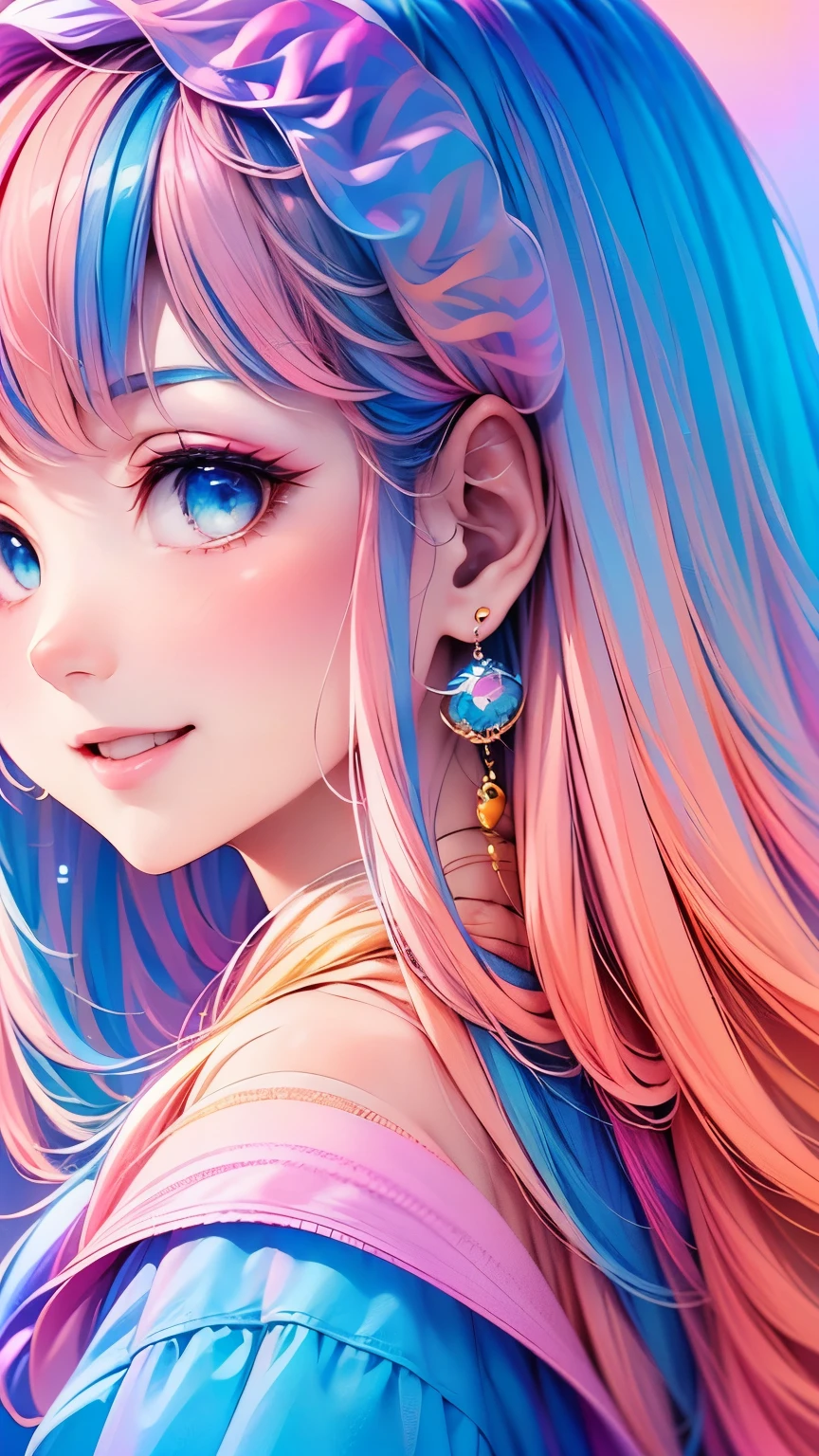 (masterpiece), ((( top quality)), ( super detailed),  1 girl, (Rainbow Hair,  colorful hair, Half Blue、Half pink hair: 1.2), , (yukina: 1.2),  outdoor, bangs, smile,  sky blue eyes ,   perfect hand,   perfect hand, Hand Detail, Modified fingers.  earrings, Night Store + background,  watching _in_ viewer,  cowboy shot, top quality, Rich details, Perfect image quality,