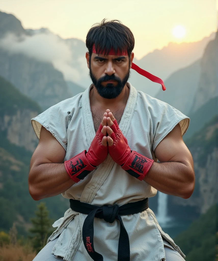  A hyperrealistic image of a man inspired by Ryu from Street Fighter ,  captured on a medium plane that highlights its indomitable determination ,  his physical strength and his connection with traditional martial arts .  His face is strong and marked ,  with a defined jaw ,  brows furrowed in concentration and dark eyes that reflect his unwavering quest for perfection . Her black hair, short and slightly disheveled,  is wrapped by a worn red ribbon showing that flows dynamically with the wind .

 He wears his classic white gi ,  torn at the edges and with marks of wear that years of training and combat .  His black belt ,  firmly tied around his waist ,  bears kanji inscriptions that symbolize his dedication to the warrior's path . His red gloves ,  with a worn-out leather texture ,  are covered by scratches ,  suggesting countless battles fought .

 The background is a mountainous landscape at dawn ,  with a waterfall in the background and a light fog that envelops the environment ,  giving a sense of isolation and .  Ryu is in a powerful pose ,  with both hands together in front of him ,  carrying a sphere of bright, bluish energy that represents his iconic  "Hadouken."  The Warm from the Sun highlights each muscle ,  fold of his gi and the scars on his skin ,  capturing the essence of a fighter who balances physical and spiritual strength on his path to perfection.