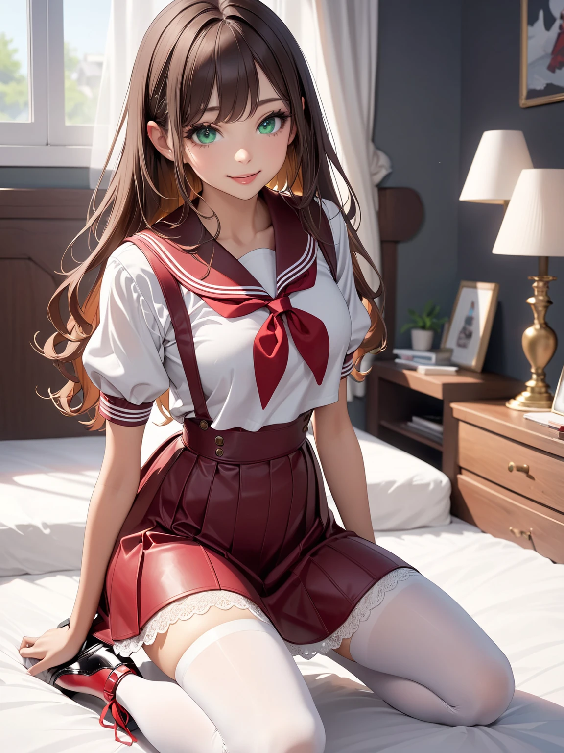 Very cute and beautiful girl,(very detailed beautiful face and eyes:1.2),Smile,Cowboy Shot,
(white blouse with small frills),Long sleeve BREAK sitting on white bed sheets,Spread legs,White panties,
Dynamic Angle,Hair Ribbon,Black hair,hime-cut,(scarlet plaid miniskirt)
BREAK antique bedroom,plush furnishings,
(Best Quality,masutepiece:1.2),(Intricate details),Extremely detailed,hight resolution,
Solo,Cinematic scene,Hair fluttering in the wind,