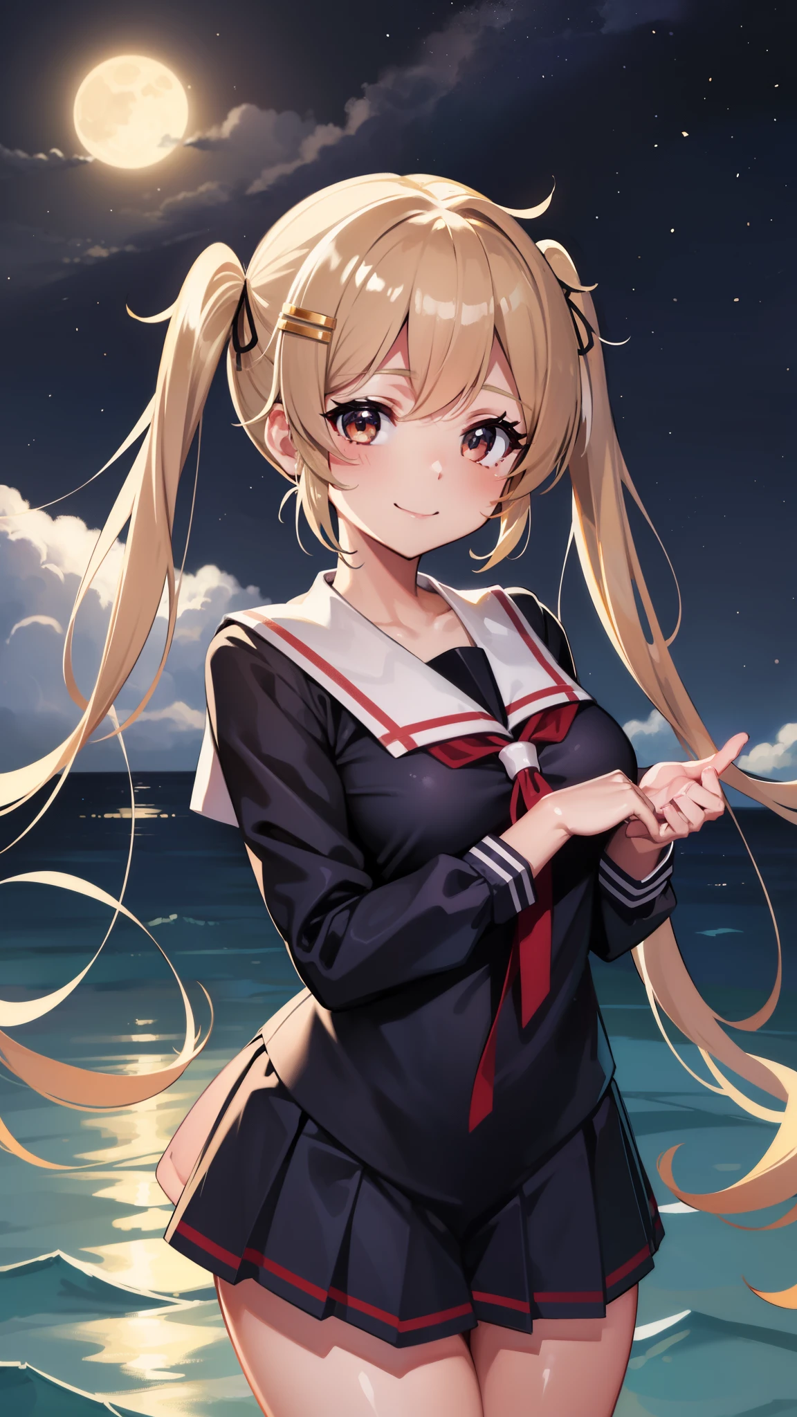 ,curvy,Shiny body, Shiny skin,twintail,school uniform, ,Shiny skin,,,twintail,hair clips,upper body,,outdoor,night ,moon,smile,ocean,sea,