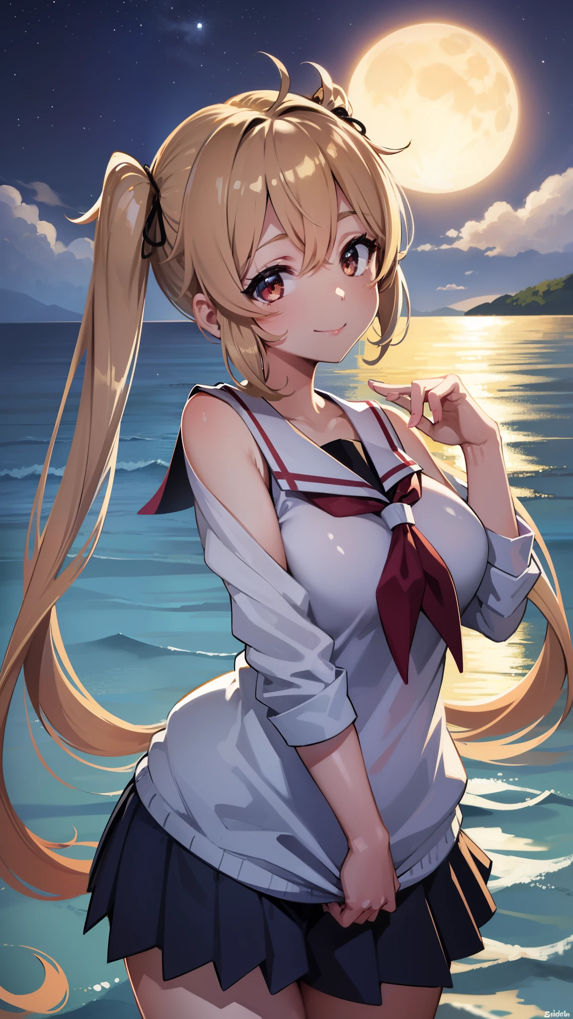 ,curvy,Shiny body, Shiny skin,twintail,school uniform, ,Shiny skin,,,twintail,hair clips,upper body,,outdoor,night ,moon,smile,ocean,sea,