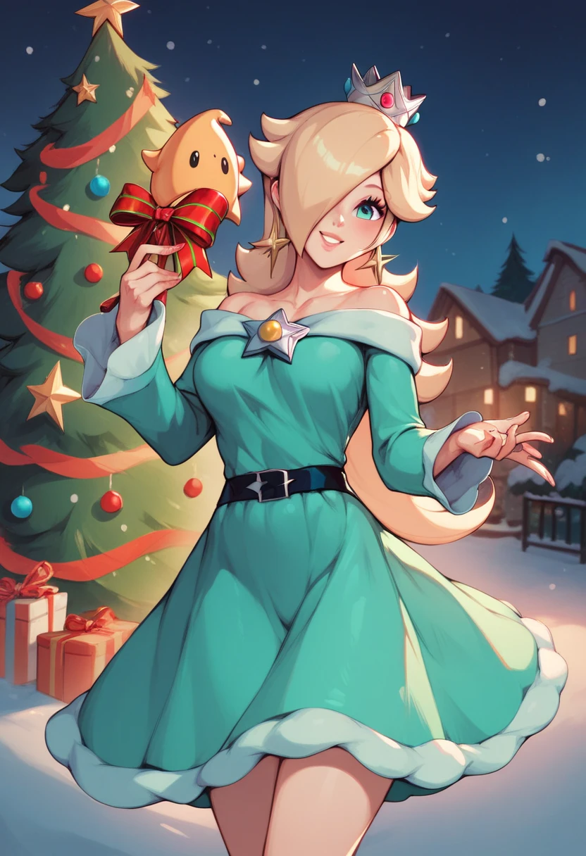 Princess Rosalina, Christmas green dress, winter, night, Christmas tree, smile