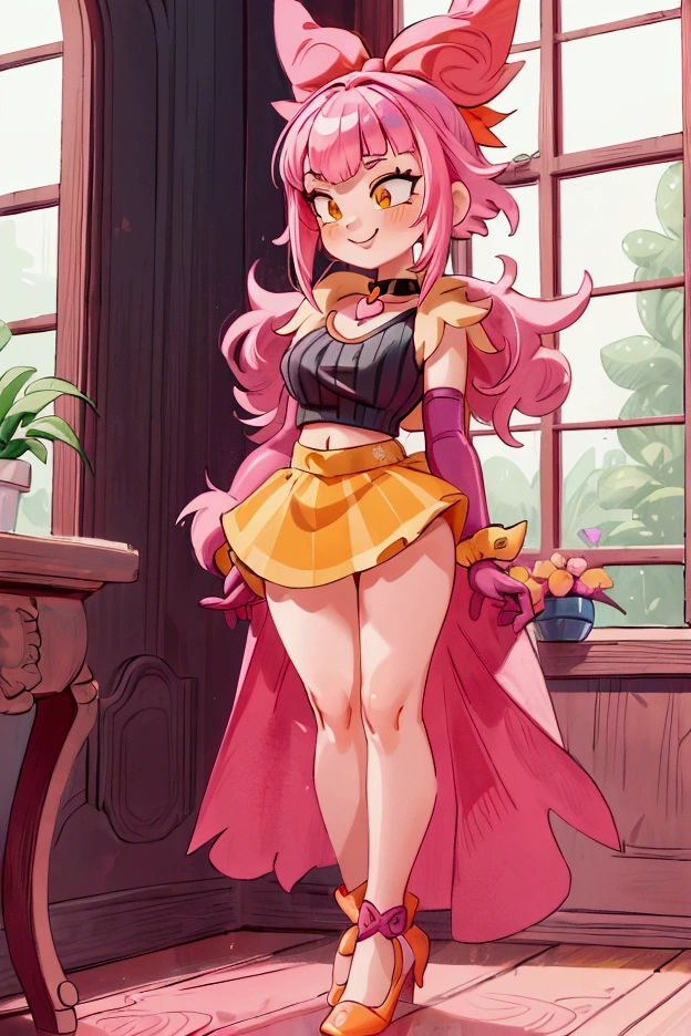 "Masterpiece, best quality, 1 girl, pink hair, big bow, elbow gloves, black crop top, fur stole, choker, standing indoors with intricate details and sunlight. black orange and yellow frilled dress striped with short neckline, Sweet smile, sexy pose, coquette, beautiful legs, mature body, gorgeous, pronounced breasts