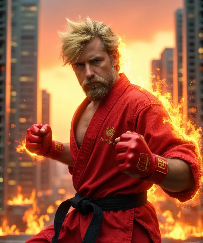  An image hyperrealistic of a man inspired by Ken Masters from Street Fighter ,  captured on a medium plane that reflects his carefree confidence ,  his explosive energy and his mastery in the art of combat .  His face is attractive and manly ,  with a strong jaw ,  marked cheekbones and a challenging smile that reflects his bold and competitive character .  His bright blond hair ,  of medium length ,  is intentionally messed up ,  adding dynamism to his appearance .

He wears his classic red gi ,  adapted with a modern touch :  the fabric is tight and textured ,  showing slight wear and frayed edges that speak of his experience in battle .  Your belt black has kanji engravings in gold ,  and his red martial arts gloves are reinforced ,  showing scars and marks from continuous use .  His muscular physique is perfectly detailed ,  highlighting his strength and agility .

 The background is an urban landscape at dusk ,  with skyscrapers illuminated by the reflection of an orange sky and vibrant red .  Ken is in an action pose ,  with an arm extended backwards ,  surrounded by an aura of golden flames ,  ready to execute his characteristic  "shoryuken."  Fire sparks float around him ,  by distorting the air while his energy seems to fill the environment . The warm lighting highlights the fiery tones of your outfit and the intensity of your gaze,  capturing the essence of a passionate and fearsome fighter ,  always ready to demonstrate his superiority on the battlefield .