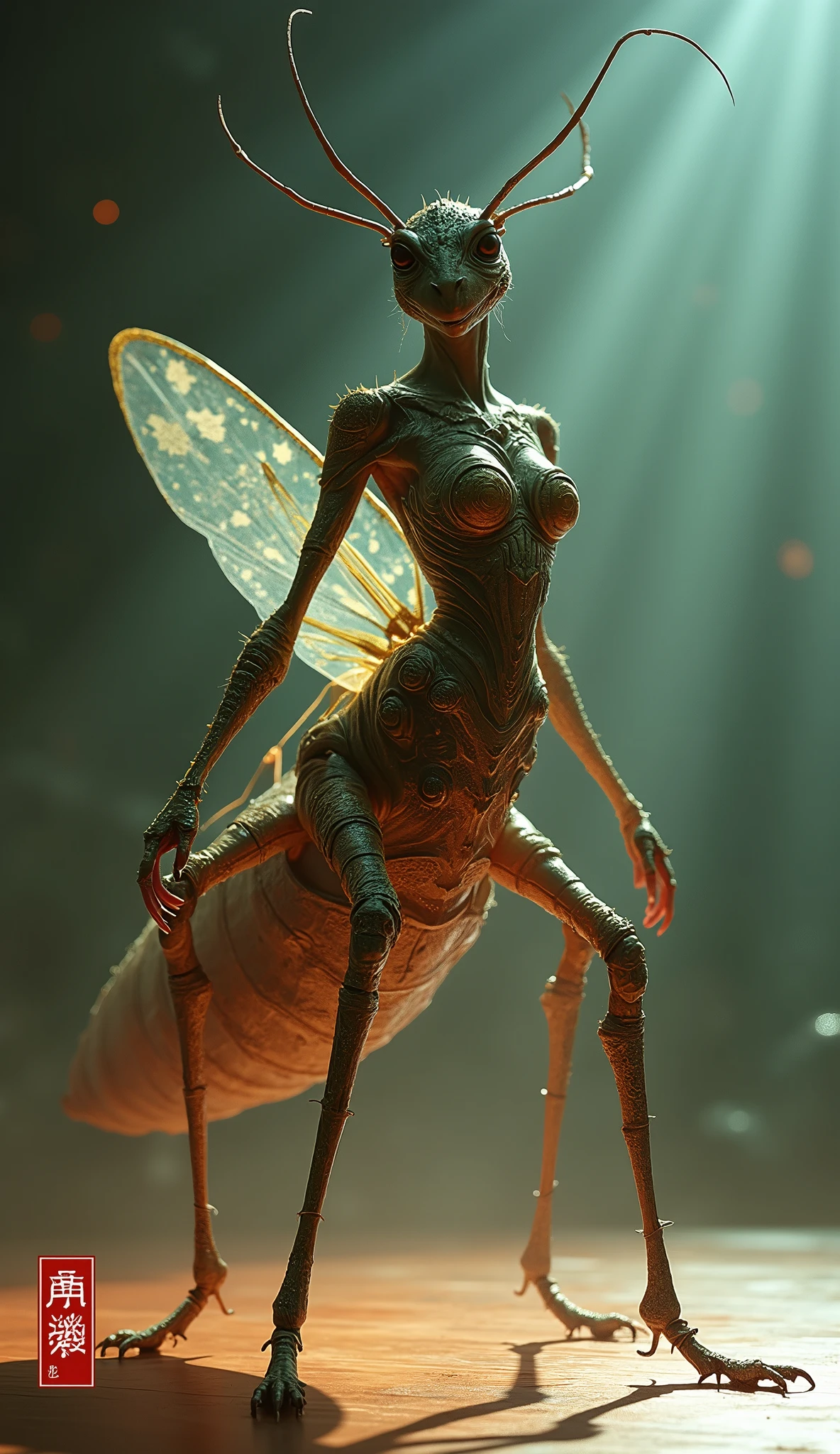 (Masterpiece:1.3), (8K, Photorealistic, RAW photo, Best Quality: 1.4), Venus alien, scales covering her body, intricate gills, evolved multiple eyes, membranous wings, toxin-secreting glands, High Definition, Golden Ratio, Detail Face, Look at the Beholder