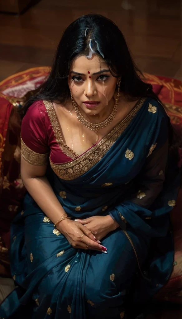 mature lady(most beautiful lady(real Indian desi face) pretty face(gorgeous:1.5, cute:1.8) ) with beautiful very very large breasts, huge breasts, gigantic breasts, very saggy real breasts wearing beautiful designer saree(very deep cleavage, very beautiful, very loose, rish intricate designs), (), ()  (), () lying on bed on stomach reading book.Very realistic skin, soaked in sweat:1.3natural skin texture. Very beautiful face. She is giving sexy down blouse pose. Beautiful blouse designs, real life scene, Face details are realistic, most beautiful, pretty and delicately gorgeous. Her large very saggy breasts have natural perfect shape. Background around her is visible enough. Her hands are perfectly shaped. Perfect shaped eyes, perfectly shaped head features. Perfectly shaped real breasts. Ultra 4k quality. Very ultra realistic clothes. She is lying sleeping on bed on stomach. Her  touching on bed. Cum Splash, Splash of cum on her face, cum Splash on her breasts, cum Splash on her lips, cum Splash on her eyes