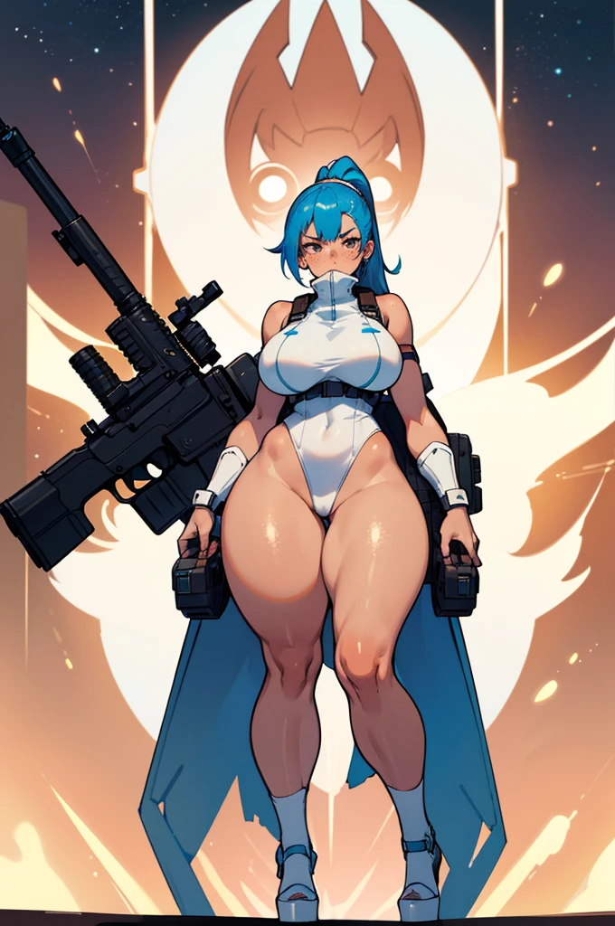 Imperial Guard Combat Uniform Swimsuit, o-ring bikini, v gundam, swimsuit, absurdres, highres, solo, cowboy shot, 1girl, neneka nibrou \(cosplay\), wristband, headphone, holster, backpack, holding gun, aiming, perfect hands, wind, (highres,best_quality,masterpiece), large breast, huge breast, white hair, red eyes, long hair, ariel,