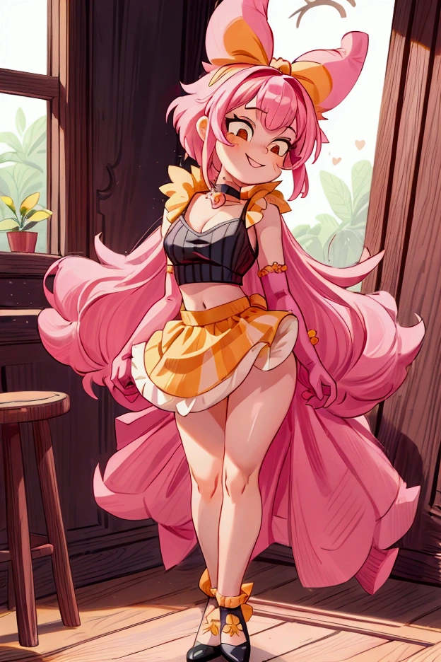 "Masterpiece, best quality, 1 girl, pink hair, big bow, elbow gloves, black crop top, fur stole, choker, standing indoors with intricate details and sunlight. black orange and yellow frilled dress striped with short neckline, Sweet smile, sexy pose, coquette, beautiful legs, mature body, gorgeous, pronounced breasts