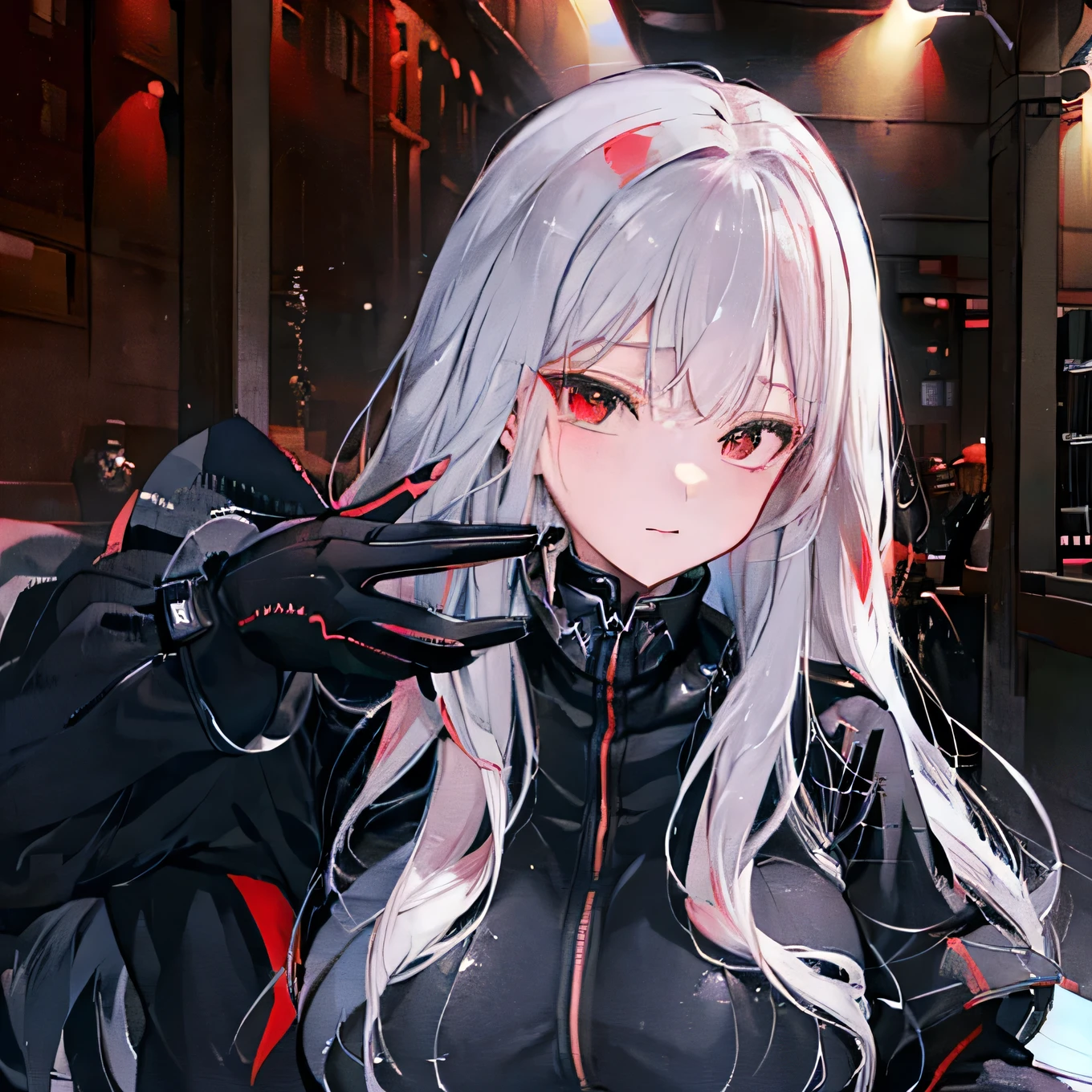 Black with red eyes, silver hair, long hair, cute face, Z_CUP(huge BREASTS), black death suit, 