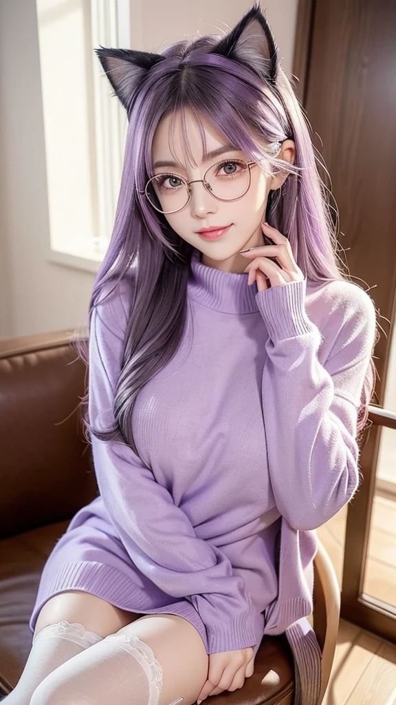 masterpiece,  top quality,  1 girl in uniform, (( watches viewers)), Lilac hair ,  purple eyes,  long hair,   ,  sweater ,  sweater  skirt,  pantyhose , , Hair between the eyebrows,  Big Breasts, adult, Age 33,  mature, Glasses, Alone, only, smile, cat ears,  cat tail, tooth, Cat girl,  animal ears 