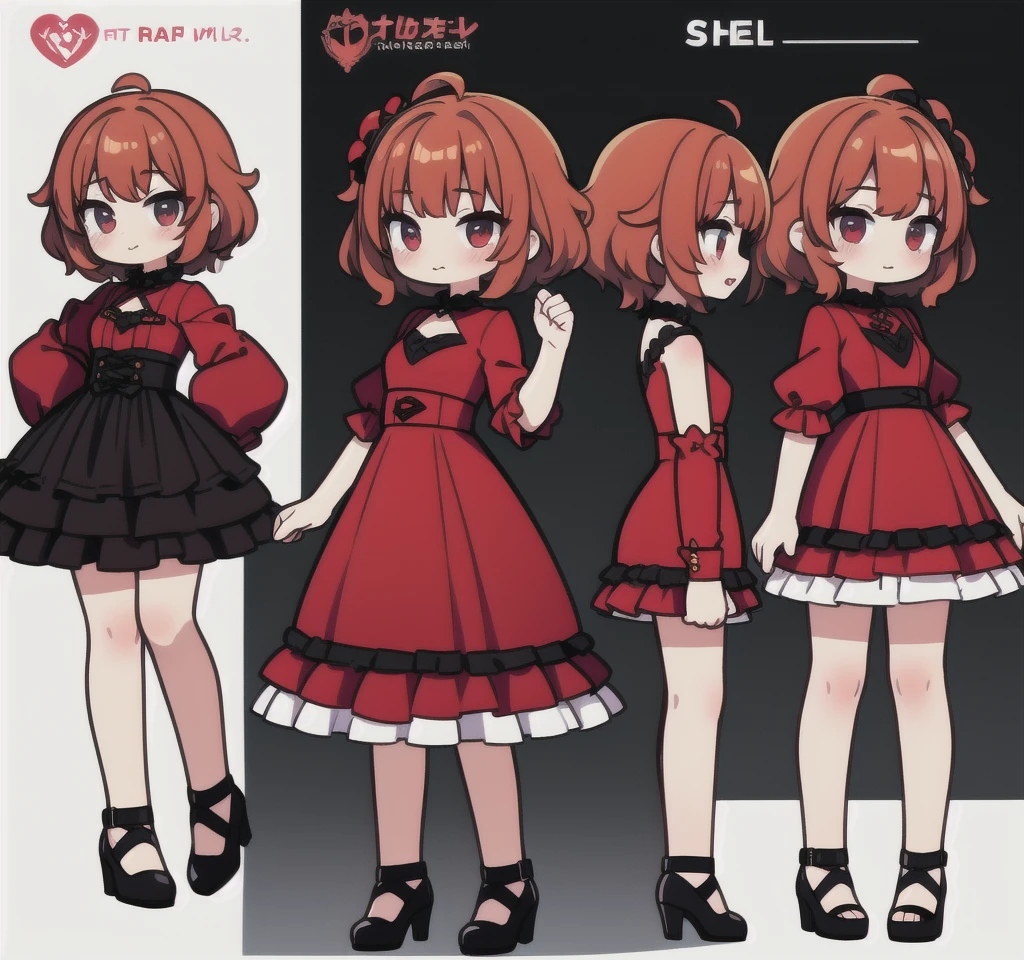  short fibers, Curly hair, Red dress, fitting dress, Short dress, High heel shoes, sexy poses, Friday Night Funkin Girlfriend , character sheet only side views