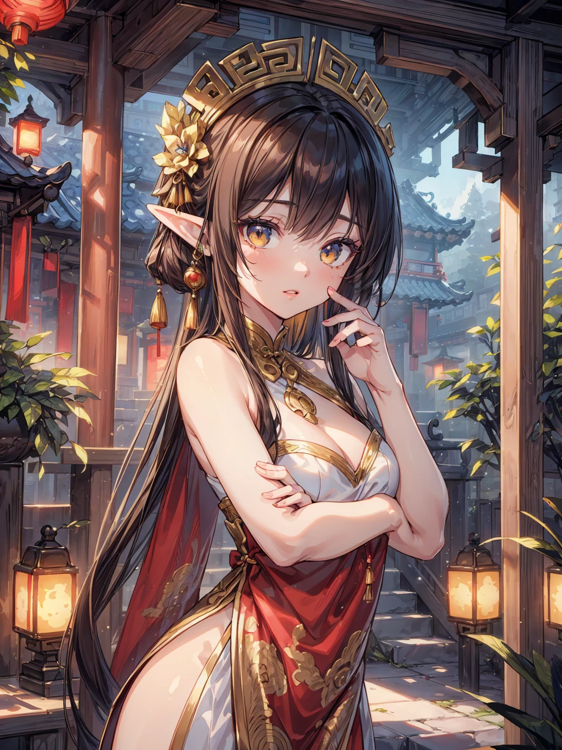 1 female goddess, dragon horns, golden dragon slit eyes, ultra high quality, ultra high resolution, big breasts, slender yet curvaceous body, pointed ears, kind yet cruel smile, golden chain with a ruby dagger pendant, wearing red robes with intricate gold designs big eyes, perfect body, golden pagoda background, old chinese martial background, long spear of pure black colour and embedded gold patterns.