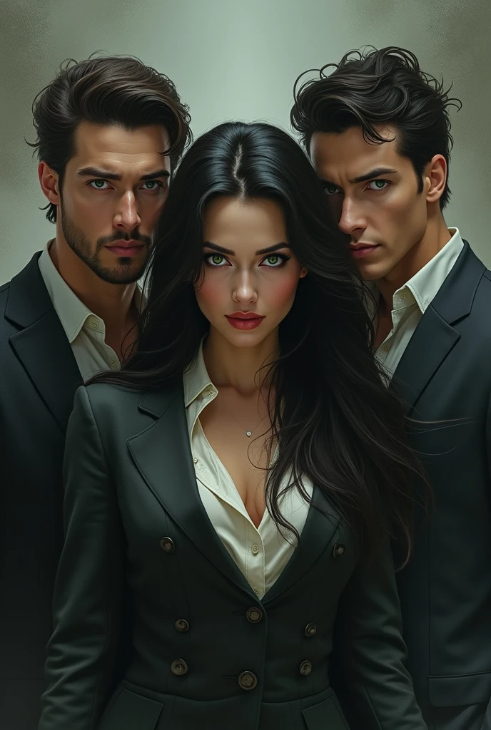 A young woman and would be 25 years old, brown hair and dark skin. Next to her, a serious, high-class 30-year-old man in a suit staring at her.. Behind them another angry jealous guy.