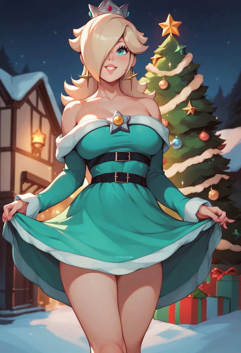 Princess Rosalina, Christmas green dress, winter, night, Christmas tree, smile