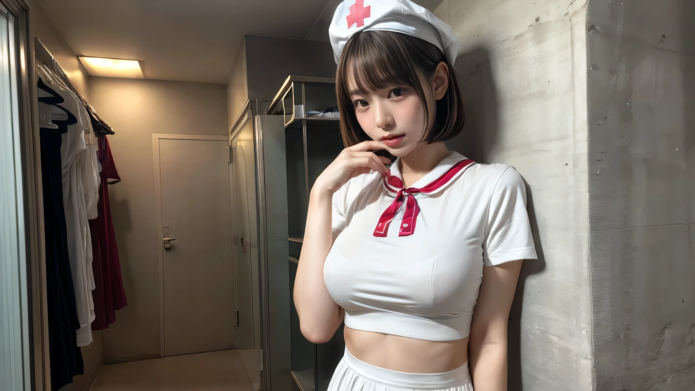 Innocent 25 year old girl，Colossal :1.2,cleavage of the breast:1.2、(pantyshot:1.3) (White nurse uniform:1.5),( White short skirt:1.5),(White nurse cap:1.5),(White Nurse Pump:1.5), Angle:1.2、The background is a hospital room、Smile,short-cut、Raw photo, (8K、top-quality、​masterpiece:1.2)、(intricate detailes:1.4)、(Photorealsitic:1.4)、octane renderings、Complex 3D rendering ultra detail, Studio Soft Light, Rim Lights, vibrant detail, super detailing, realistic skin textures, Detail Face, Beautiful detail eyes, Very detailed CG Unity 16k wallpaper, make - up, (detailedbackground:1.2), shinny skin, Full body,bondage (Shibari,hands tied behind back:1.5), (Shibari:1.21), ballgag (((hands are tied behind my back))) (((White tights  )))(((drooling)))(((Legs tied tightly)))(((Cleavage Bulge)))