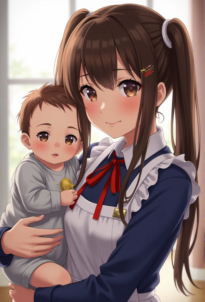  1 girl in uniform, solo,  high definition , masterpiece,  anatomically correct,  won numerous awards,  high detail,  Ultra High Definition,  textured skin,  retina,  twin tails,  smiles,  cowboy shot, ribbon, Babysitter,A woman holding a baby,apron