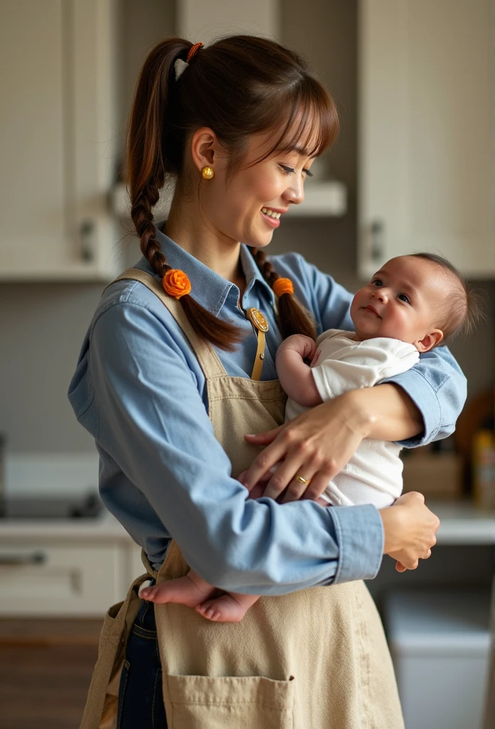  1 girl in uniform, solo,  high definition , masterpiece,  anatomically correct,  won numerous awards,  high detail,  Ultra High Definition,  textured skin,  retina,  twin tails,  smiles,  cowboy shot, ribbon, ****sitter,A woman holding a ****,apron