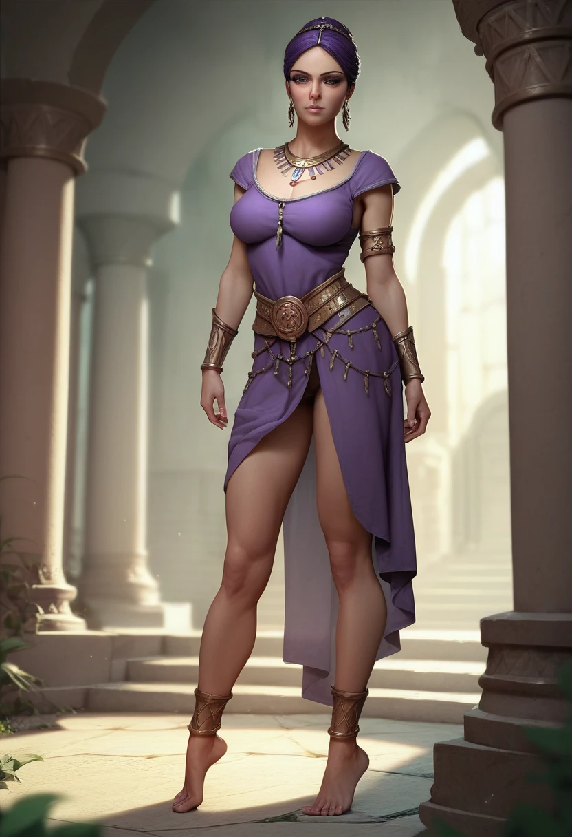 olvmnnpsy woman, full body, purple tunic, in Greek ruins, masterpiece, dramatic lighting, detailed background, (depth of field), Olivia Munn