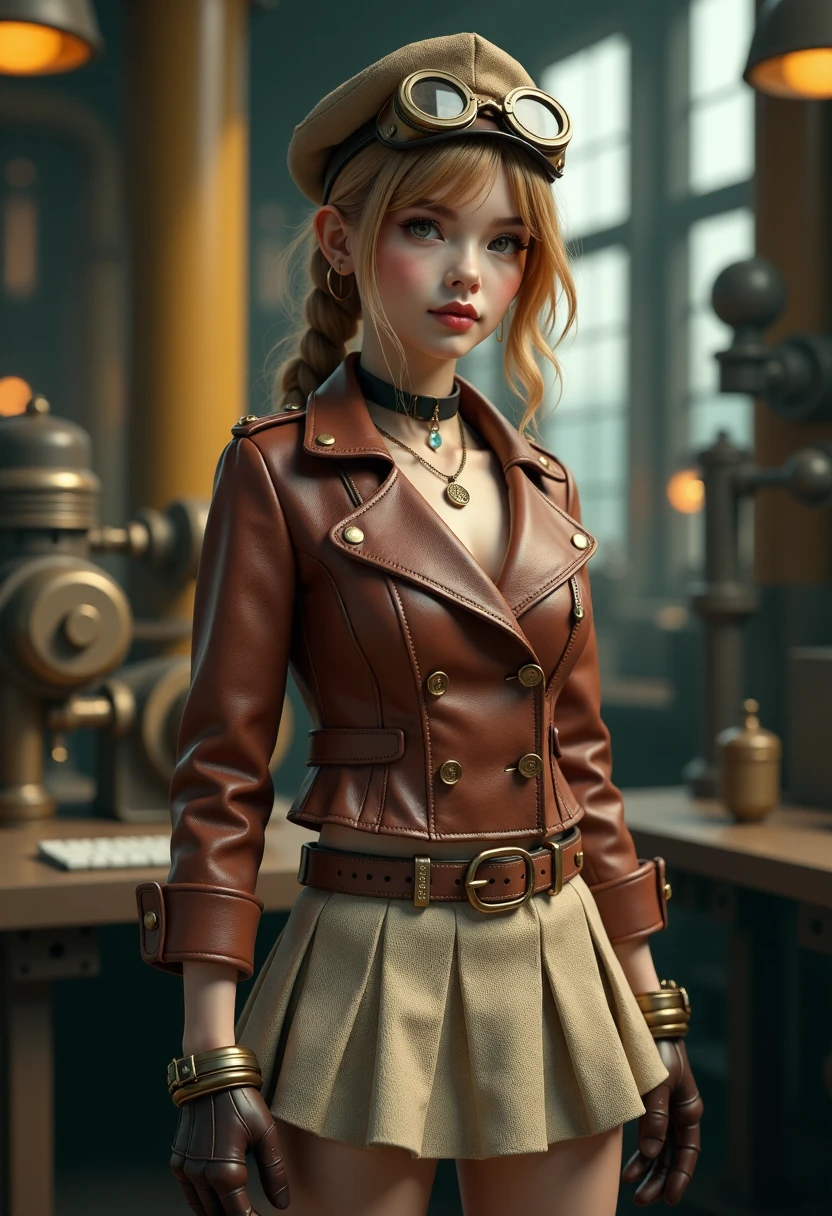 score_9, score_8_up, score_7_up, score_6_up, photo, realism, photorealistic, Industrial steampunk mechanic girl, perfectly detailed face, (hat:0.8), goggles, steampunk beige leather double breasted jacket, beige tweed fabric pleated skirt, (leather laced boots:0.8), intricately detailed brass accessories. Masterpiece, illustrated, highly detailed, industrial background, retro-futuristic,