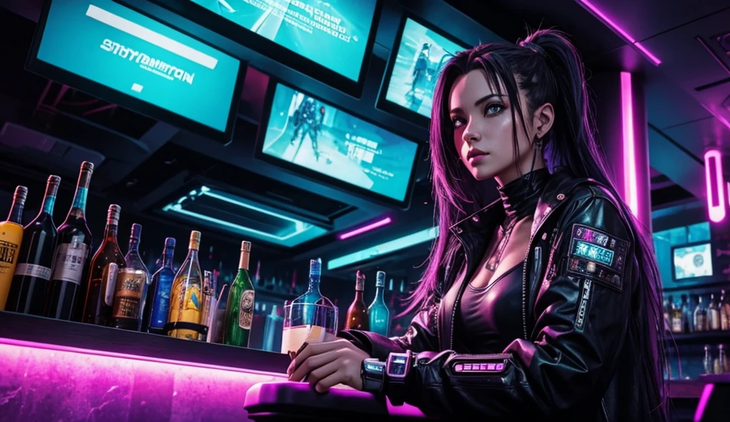 Cyberpunk girl in a futuristic bar 