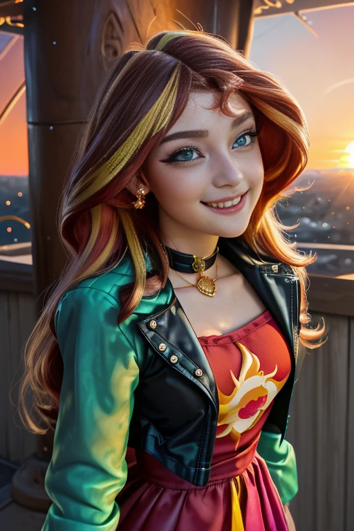 (Masterpiece, The best quality:1.2), only, 1girl , beautiful teenage girl europea , Caucasian , mlpshimmer, Nice smile , make-up  , looking at the viewer, small black jacket , sunset shimmer , mlp , 18 years , beautiful teenage girl , teen model , turquoise eyes , within, anochecer , parque , Full body photo  , alegre , linda sonrisa , usa outfit de invierno ,Rubor, Arte de decoración, Líneas de movimiento , vestido rojo navideño , vestido de navidad 