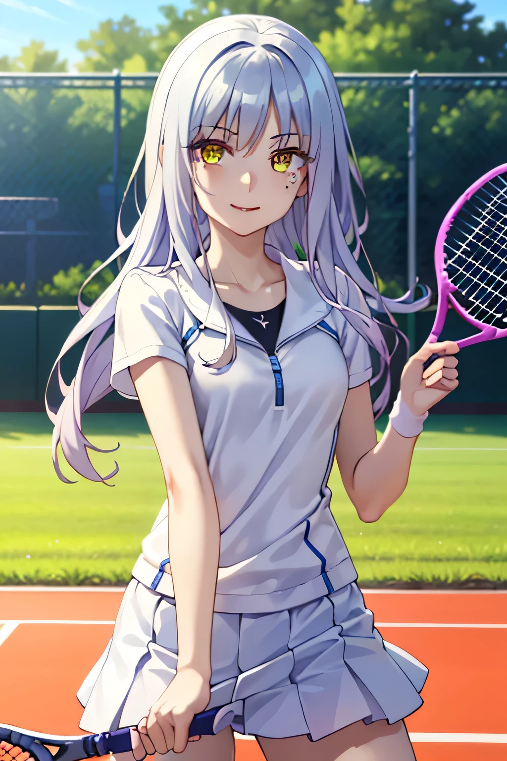 She is wearing a white tennis outfit, with her white undergarments visible. She holds a single tennis racket with both hands in a poised and focused manner. The lush green grass tennis court stretches out in the background. This scene radiates elegance, power, and athletic skill. long hair, ( Yellow Eyes :1.3), Gray Hair, side lock, (masterpiece:1.2), top quality, high definition , unity 8k 壁紙, (Illustration:0.8), ( beautiful detailed eyes in :1.6), extremely detailed face, perfect lighting , Highly Detailed CG, ( perfect hand, perfect anatomy), smile.