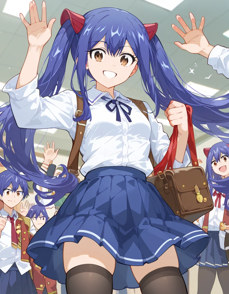 masterpiece, (highest quality, perfect anatomy), cowboy shot, ((dutch angle shot, intense wide shot)), in the classroom, BREAK

1girl, many boys, has a student bag, surrounded by many classmates, waving, at loocking viewer, smile, BREAK

wendy marvell, long hair, hair ornament, ribbon, hair between eyes, twintails, brown eyes, very long hair, blue hair, small breasts, 
winered jackt:1.2, shirt, thighhighs, ribbon tie, pleated skirt, black thighhighs, black skirt, zettai ryouiki,