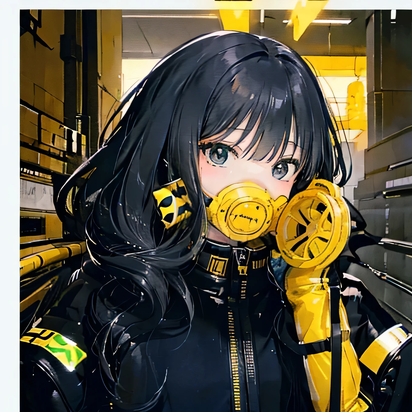 Black eyes, black hair, long hair, cute face, yellow death suit, Equipped with gas mask 