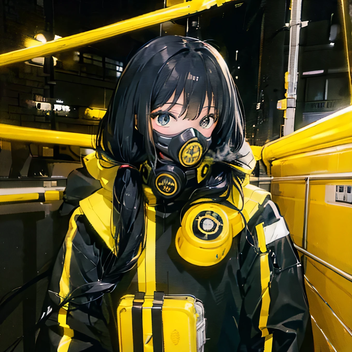 Black eyes, black hair, long hair, cute face, yellow death suit, Equipped with gas mask 