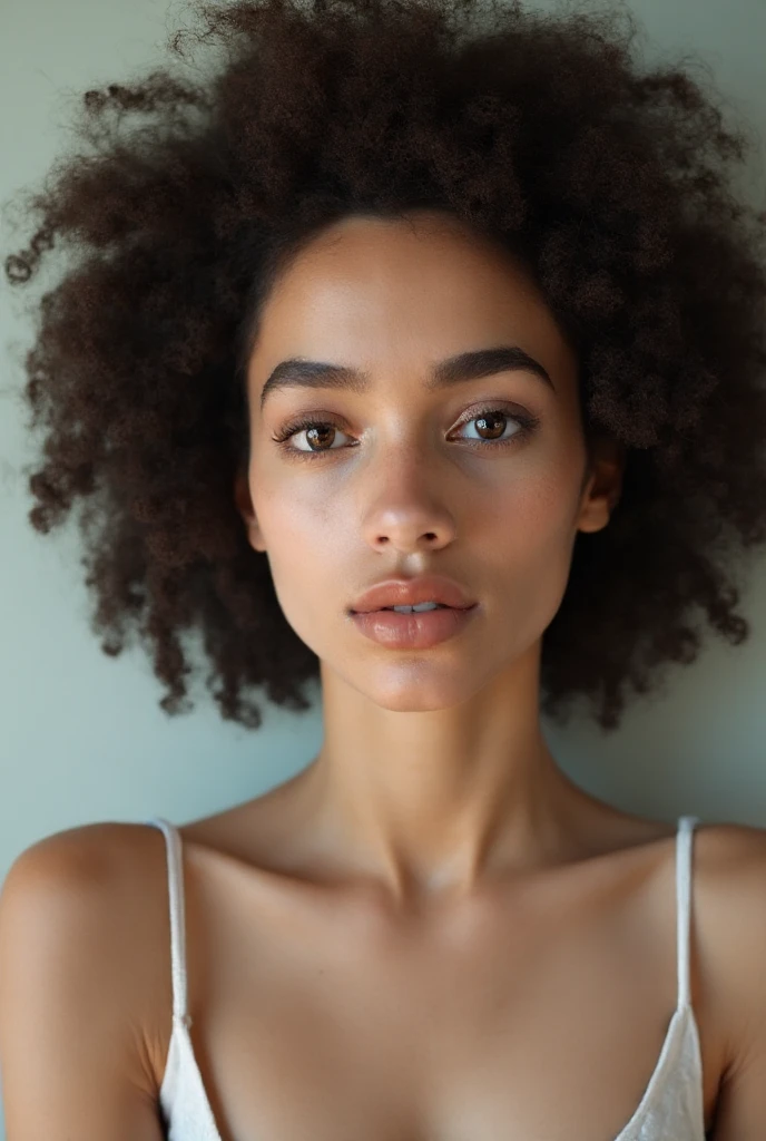 A 20-year-old European woman with alabaster-white skin, perfectly smooth and glowing under soft, diffused lighting. Her tall, athletic figure complements her angelic face, which features full lips, softly rounded cheeks, and a small beauty mark on her left cheek. She has almond-shaped brown eyes and voluminous natural big curly black hair framing her features. Highlight the porcelain tone of your skin with cool indoor lighting. Negative: tanned skin, dark complexion, black skin, warm lighting, external shadows. She has an athletic and toned physique with defined curves and hips, medium bust. riding a motorcycle