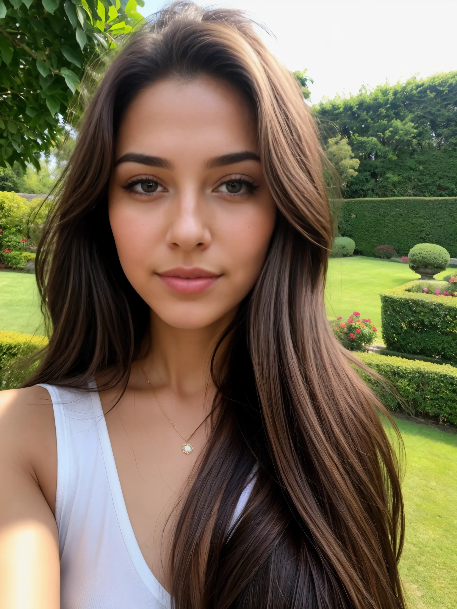 A 23-year-old brune woman, ((pechos grandes)), ((hiperrealismo)) ,. brown hair with light blonde roots. cabello rubio, Hair with brown roots, cabello extra largo, cabello muy largo, really long hair, Beautiful, Front view, selfie, photo taken with iPhone, elegant black shirt with escote, escotada, selfie in the garden, high quality, selfie iPhone, cleavage, hispanic, big lip with green eyes