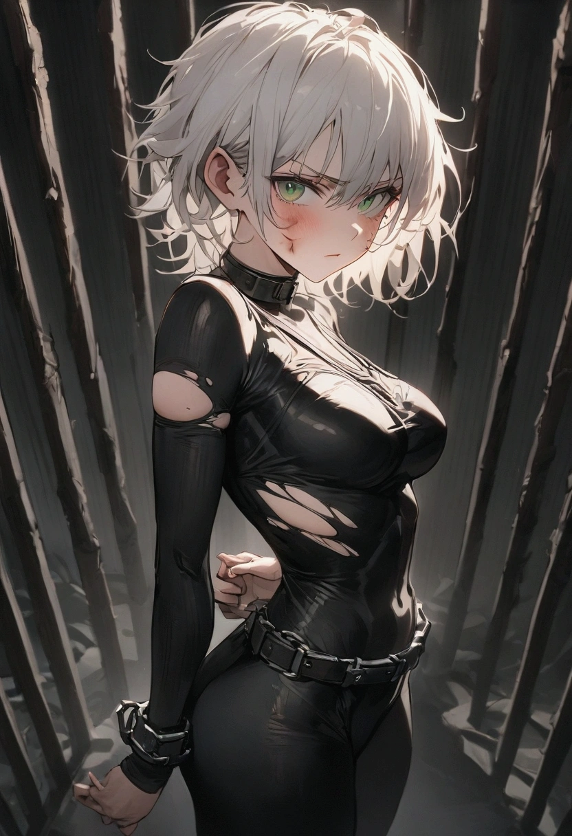 masterpiece , an injured woman, grownup, in a modern prison, steel bars, ( lite white short hair:1.2), (green eyes:1.2), (looks at the viewer:1.2) , (8k, best quality 1.2), ultra-detailed, 8k uhd, soft lighting, high quality, film grain, beautiful lighting, cinematic ,perfect body , best illumination, best shadow, sharpness, adult, contrast, green eyes, messy hair, torn black body suit, handscuffed behind back, absurdres, fit, athletic, muscle definition, higher detailed face, bruised, defiant expression, split slip, bleeding, hurt, beaten, angry, cut, wounded, cheek bruise, shackled, full body, view, , ,